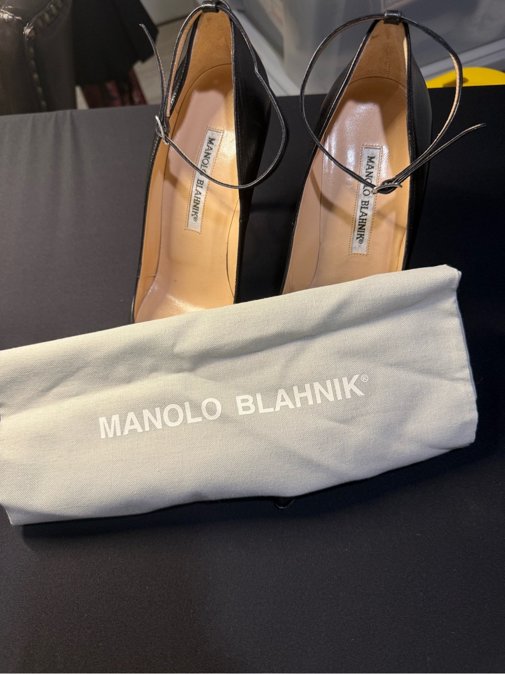 Manolo Blahnik Black Ribdstrap Leather Ankle Strap Heels (EU 39.5)